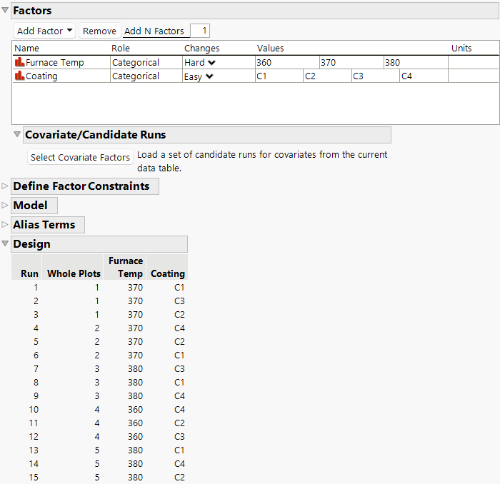 Factors and Design Sections for a Split-Plot Design