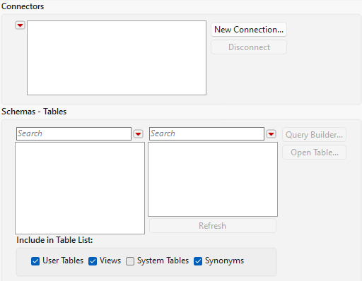 Select Data Connector Window Before Establishing Any Connections