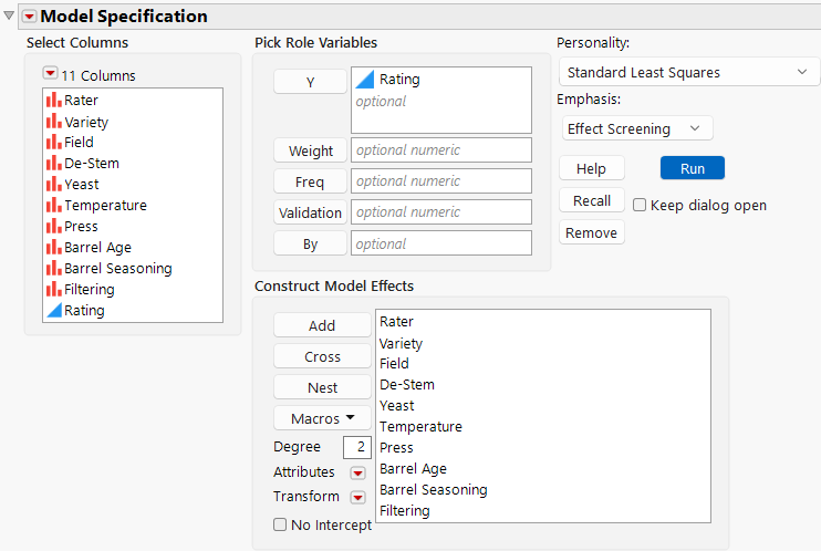 Model Specification Window for the Wine Experiment