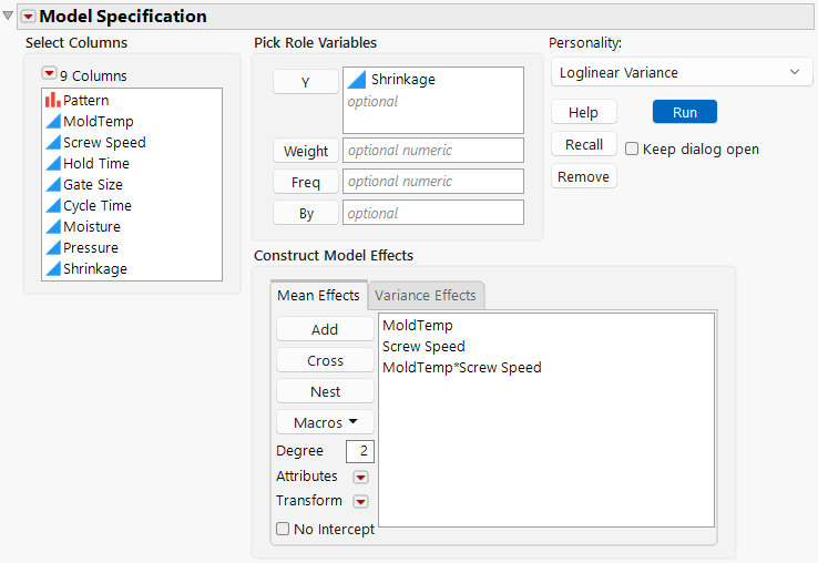 Fit Model Launch Window with Loglinear Variance Selected