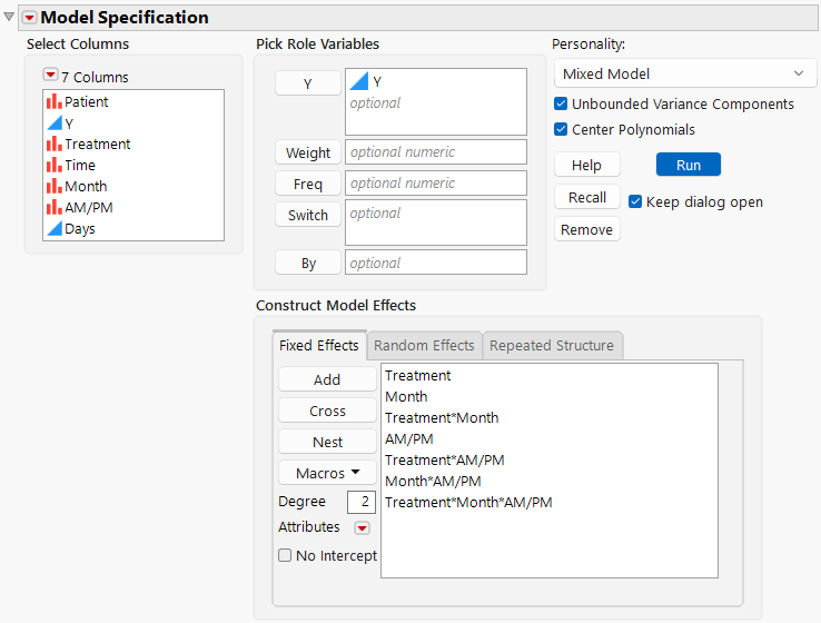 Fit Model Launch Window Showing Completed Fixed Effects Tab