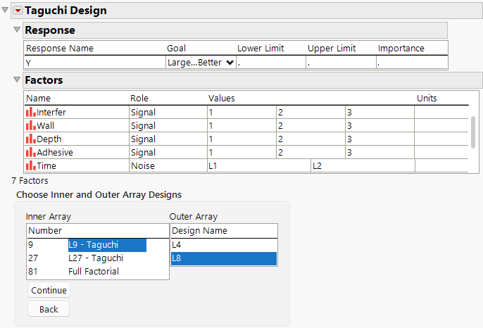 Completed Taguchi Design Window