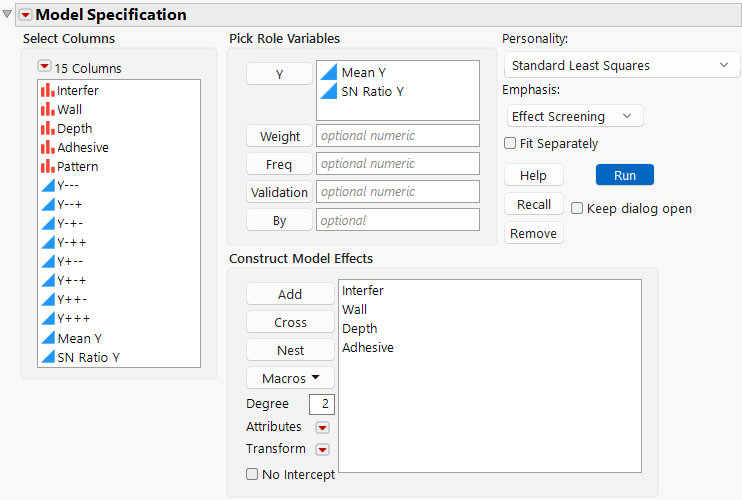 Fit Model Launch Window for Taguchi Data