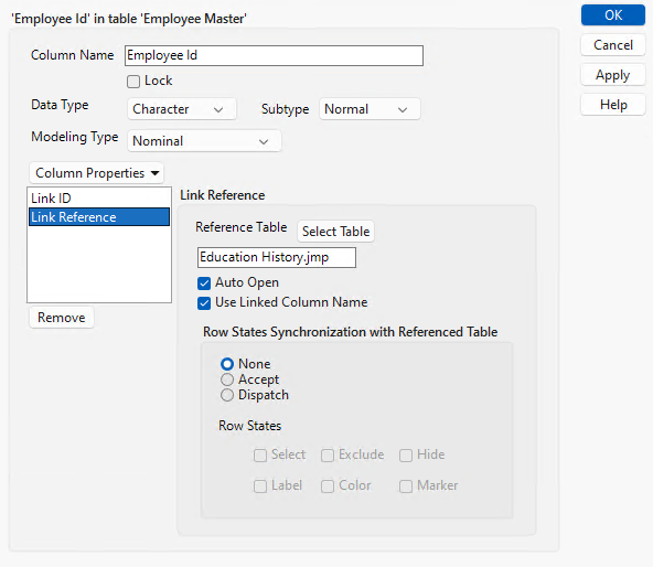 Link ID and Link Reference Column Properties in Employee Master.jmp