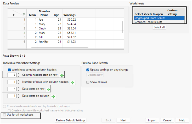 Selecting the Column Header Row