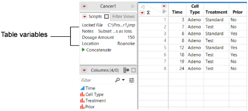 Table Variables in the Table Panel