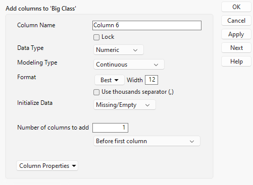 The New Column Window
