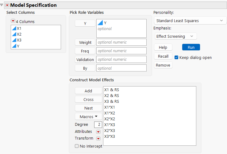 Fit Model Launch Window for the Response Surface Analysis