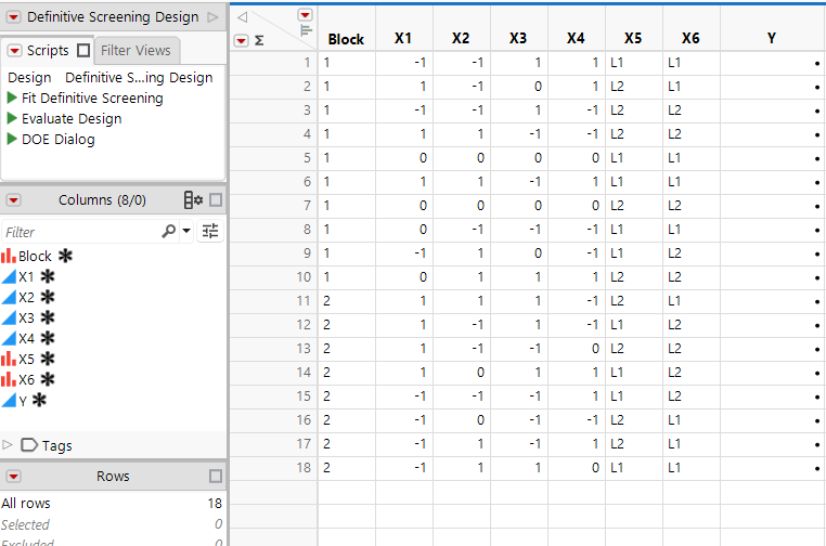 Definitive Screening Design Table That Shows Scripts