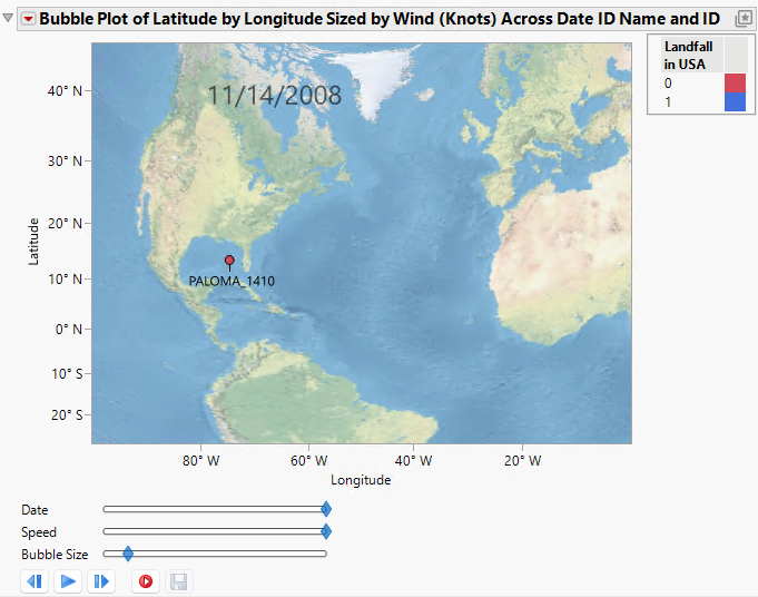 Bubble Plot of Hurricanes.jmp with Background Map