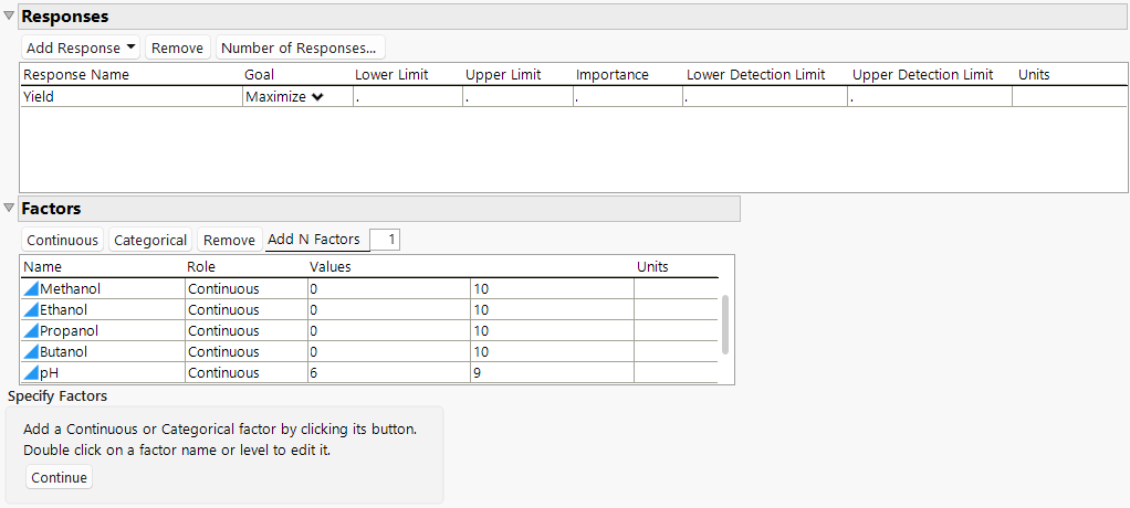 Responses and Factors for Extraction Design