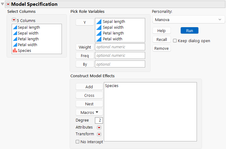 Fit Model Launch Window with Manova Selected