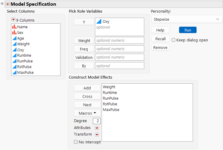 Fit Model Launch Window with Stepwise Selected
