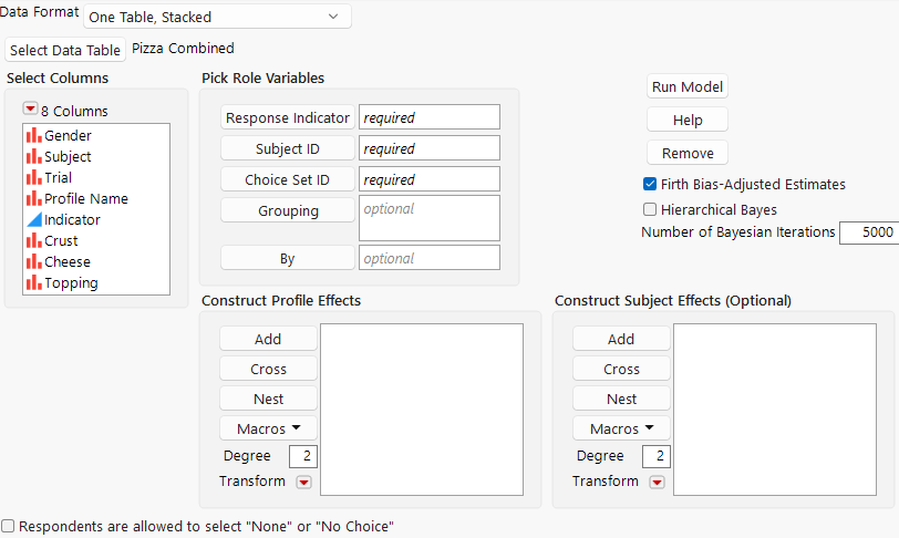 Launch Window for One Table, Stacked Data Format