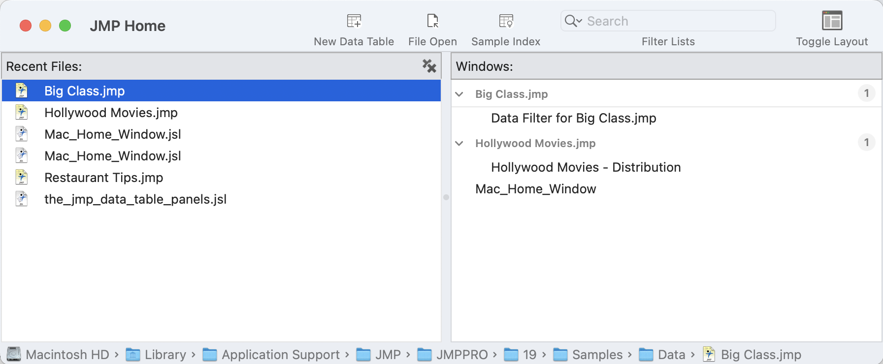 Example of the JMP Home Window (Apple macOS)