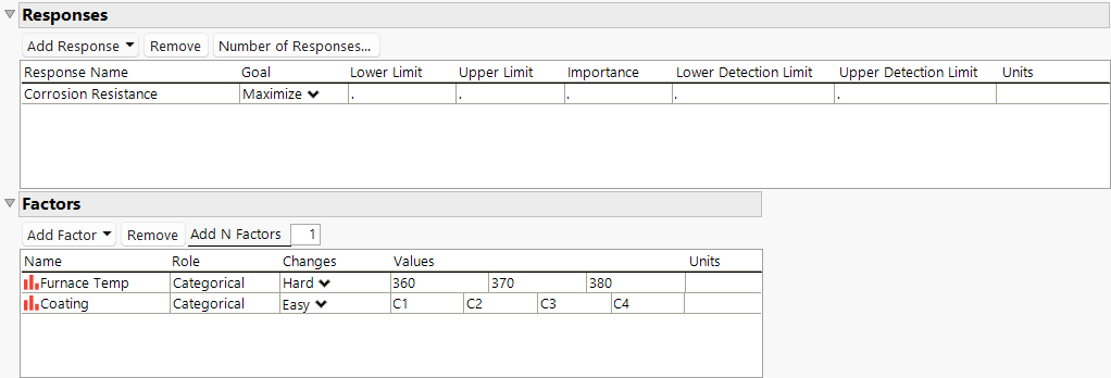 Responses and Factors for Box Corrosion Split-Plot Experiment