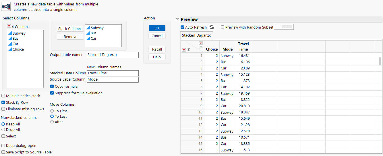 Stack Dialog for Daganzo Data