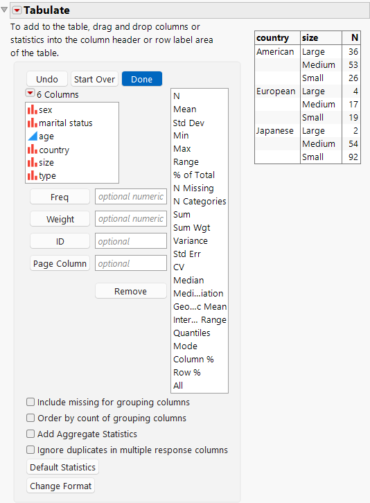 Country and Size Added to the Table