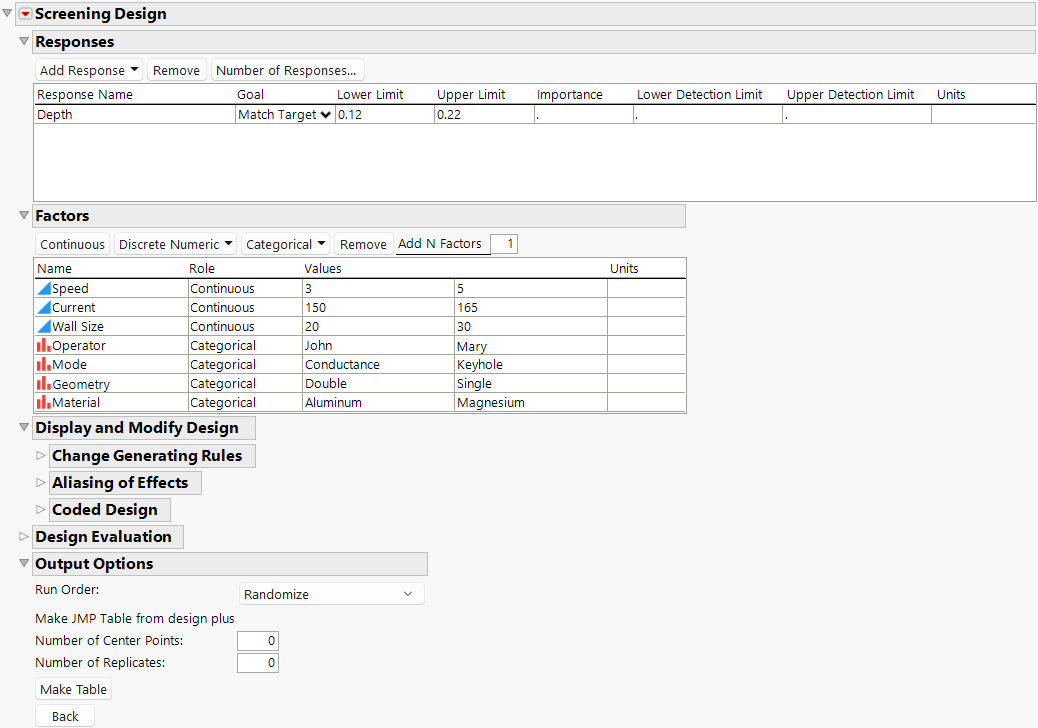 Completed Screening Design Window