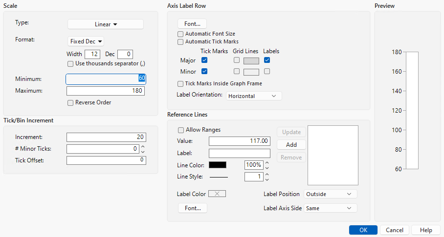 Axis Settings Window for a Numeric (Continuous) Axis