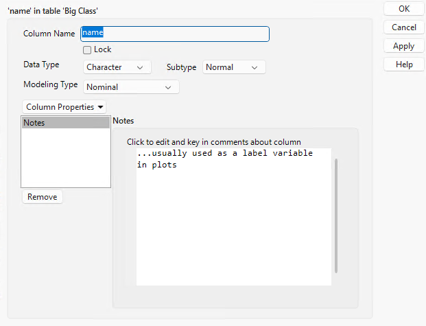 The Column Info Window for a Character Column