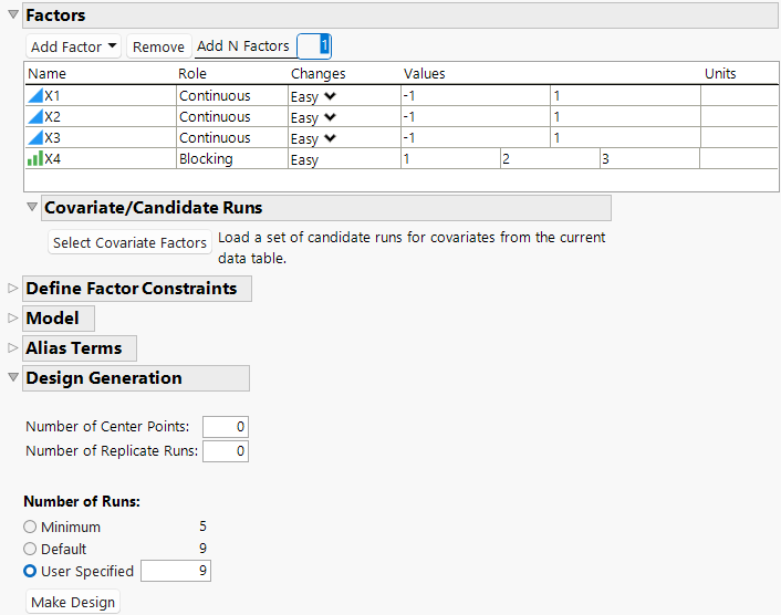 Factors with Three Blocks for X4