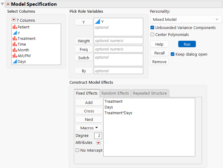 Fit Model Launch Window That Shows Fixed Effects Tab