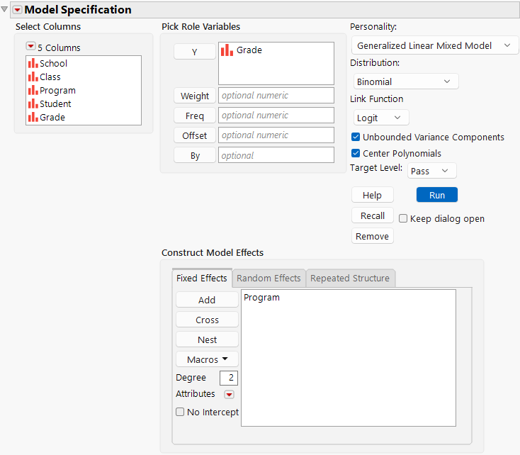 Completed Fit Model Launch Window That Shows Fixed Effects