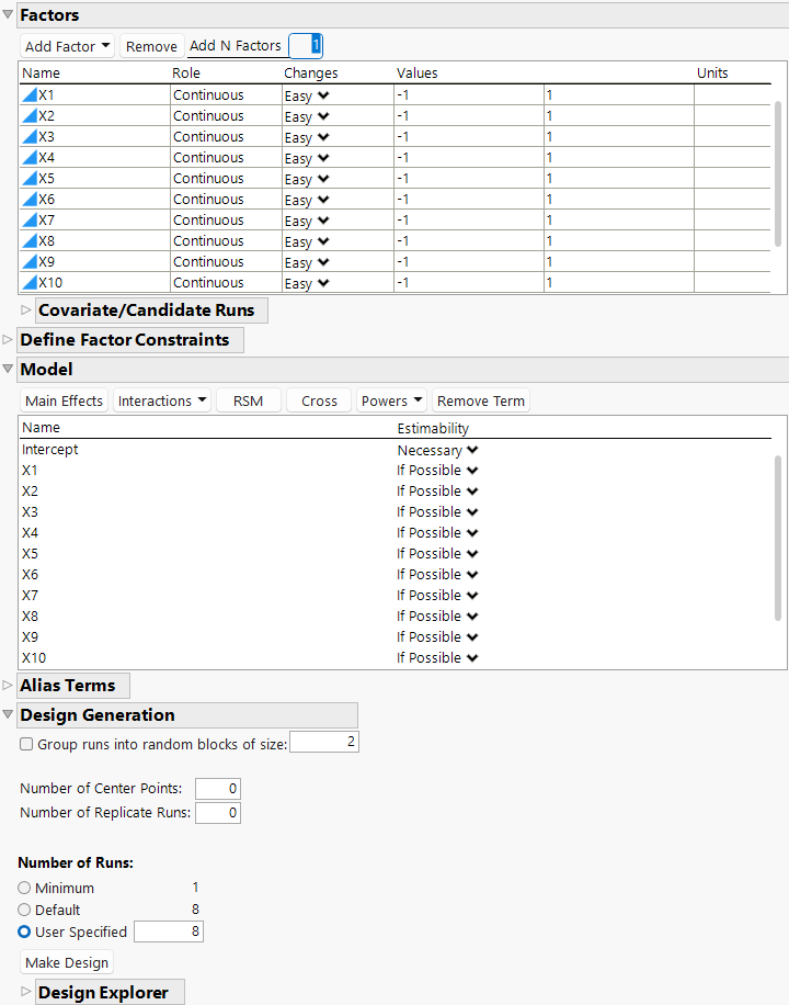 Factors, Model, and Number of Runs