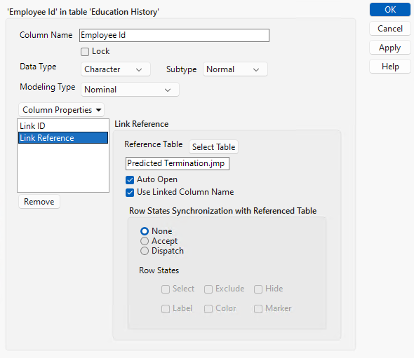 Link ID and Link Reference Column Properties in Education History.jmp