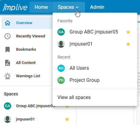 Favorites in the Home Page and Spaces menu Favorites in the Home Page and Spaces menu