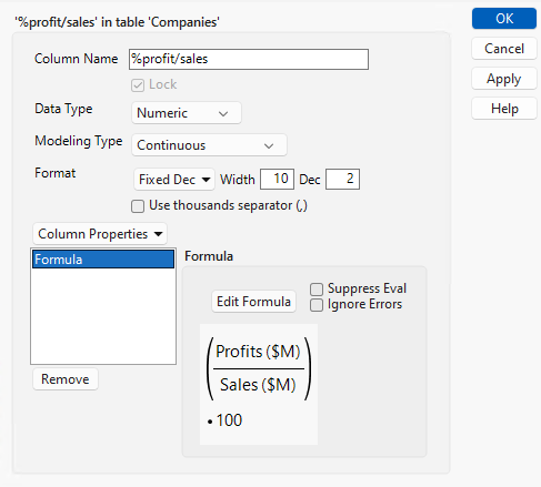 Column Info Window
