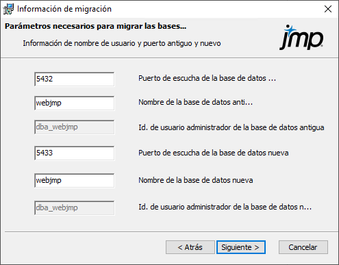 Especificar los parámetros de la base de datos