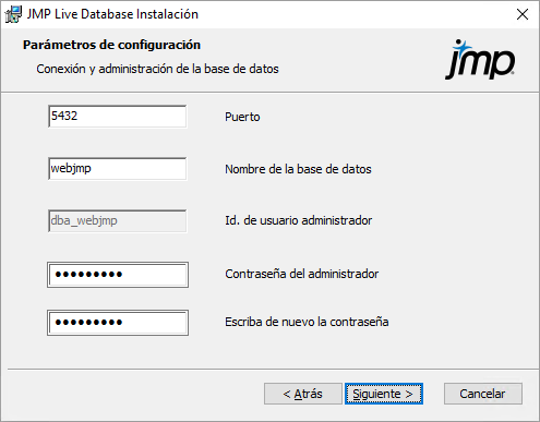 Especificar los parámetros de la base de datos