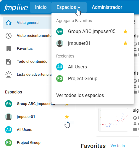 Favorites in the Home Page and Spaces menu Favorites in the Home Page and Spaces menu