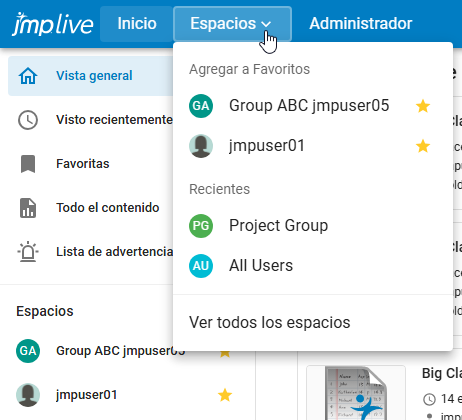 Favorites in the Home Page and Spaces menu Favorites in the Home Page and Spaces menu