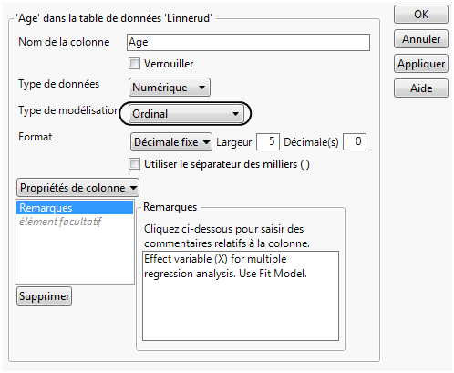 Fenêtre d'informations sur la colonne