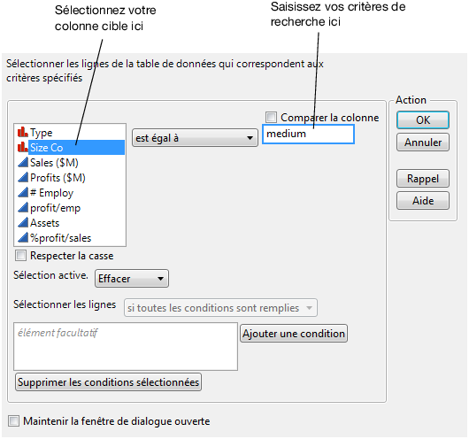 Fenêtre Sélectionner les lignes