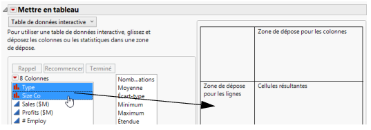 Glisser-déposer des colonnes dans la zone de dépose pour les lignes