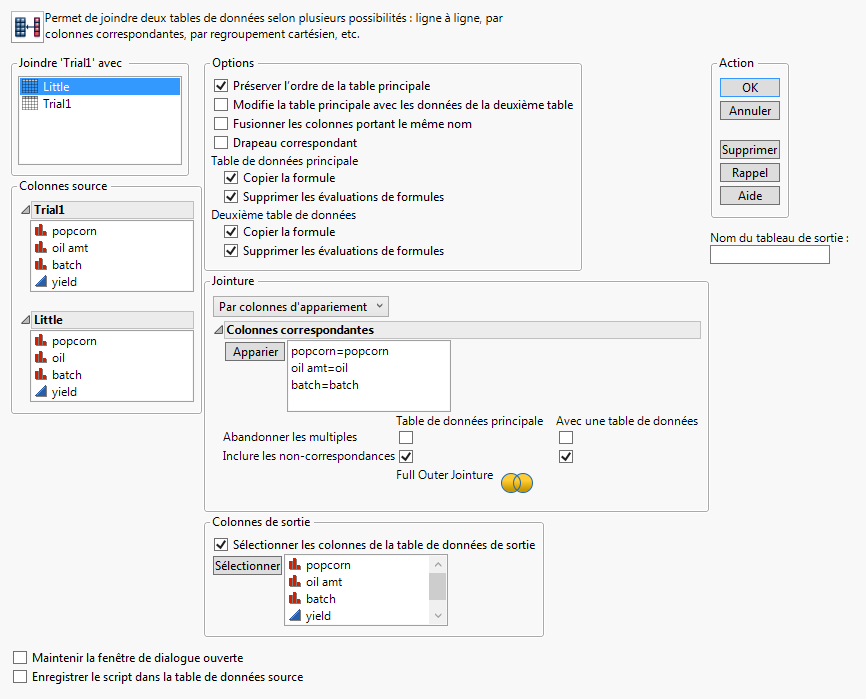 Fenêtre de jointure paramétrée