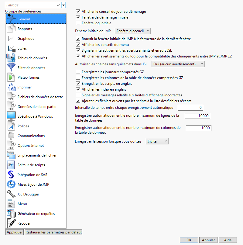 Fenêtre Préférences