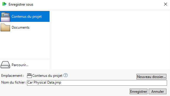 Enregistrer une table de données dans les contenus du projet