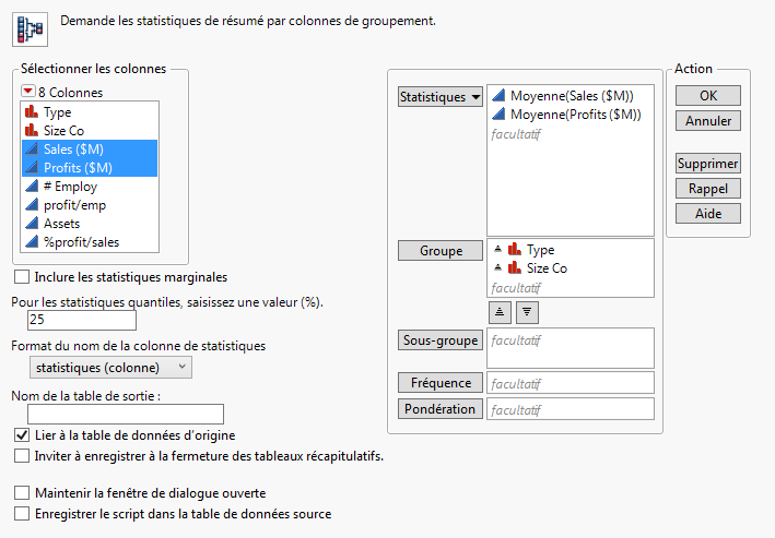Fenêtre de résumé renseignée