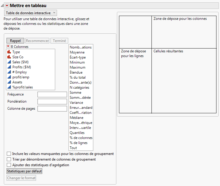 Espace de travail Mettre en tableau
