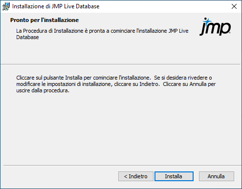 Avvio dell'installazione del database di JMP Live