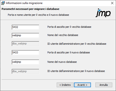 Specificare i parametri del database