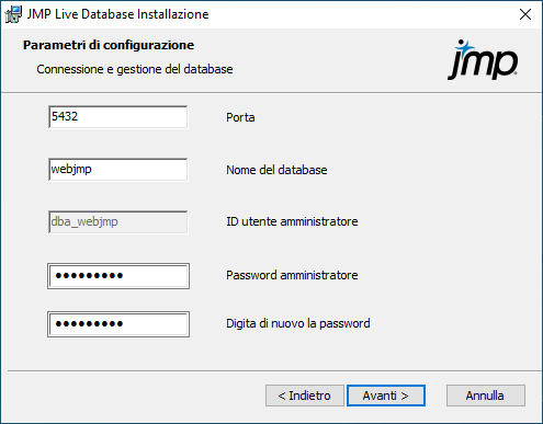 Specificare i parametri del database
