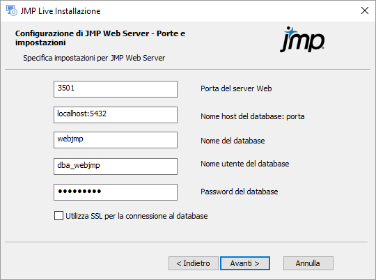 Specificare le porte e i dettagli del database