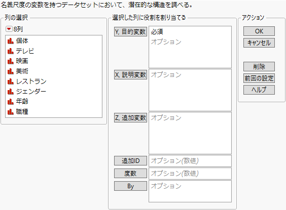 「多重対応分析」起動ウィンドウ