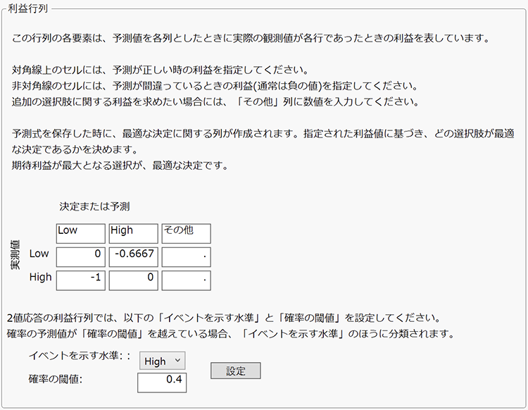 確率の閾値に対応する利益を設定した利益行列